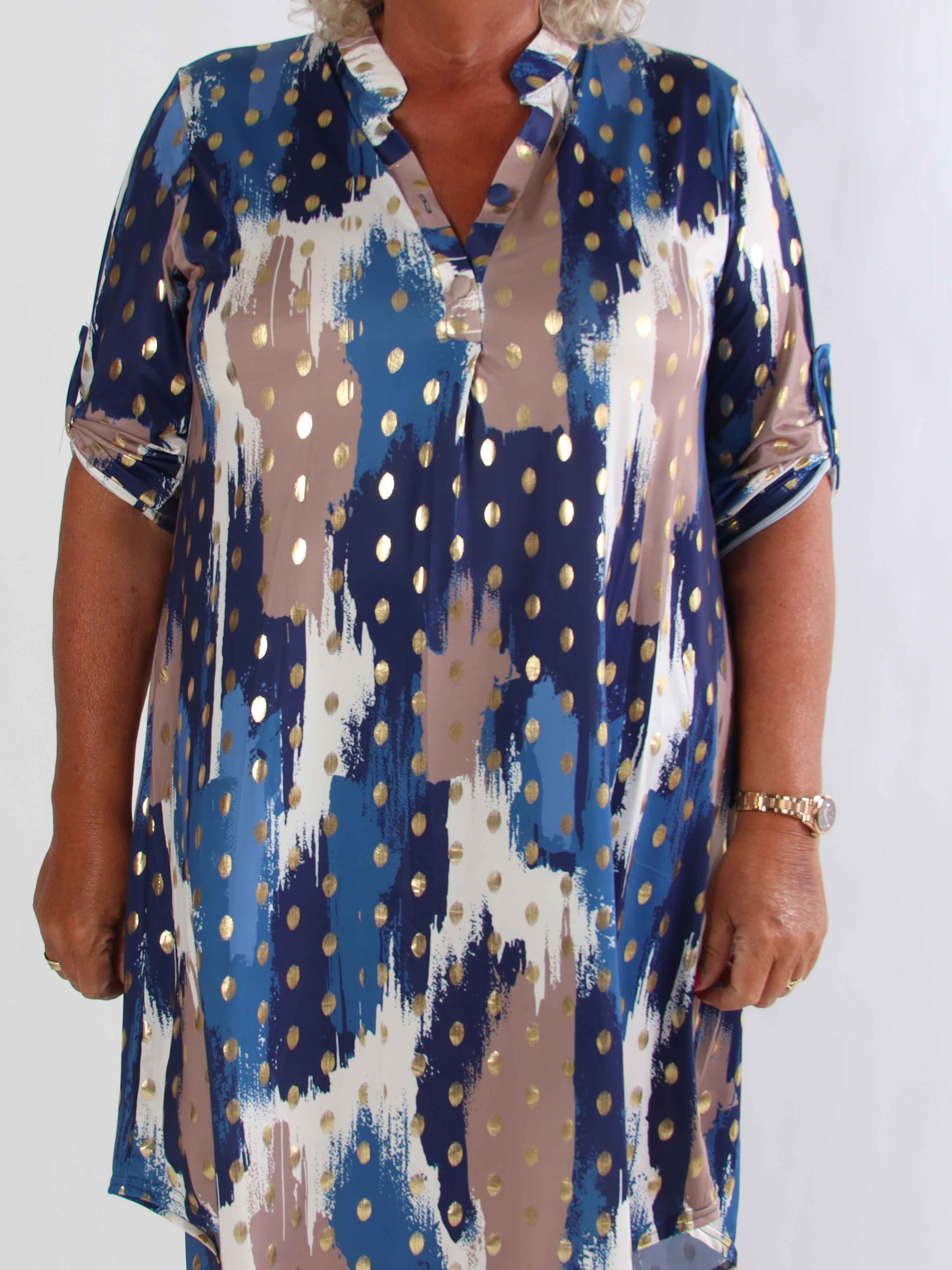 Ebba Paint Long - Elastisk flerfarvet plus size kjole med guld dutter
